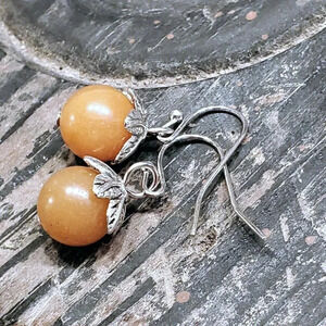 Artsy Leaf Capped Red Aventurine Gemstone Dangle Silver Platinum Plated Earrings